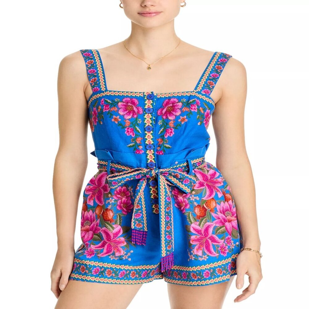 Farm Rio Summer Fruit Scarf Romper Exclusive Sleeveless Size S Blue Pink